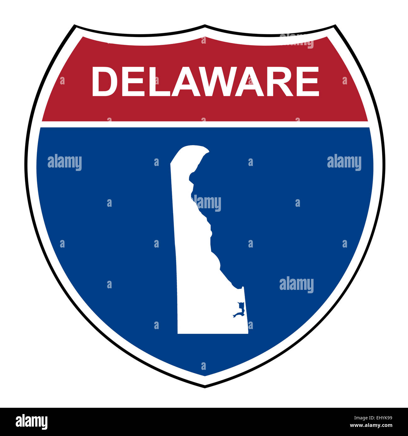 Delaware amerikanischen interstate-Highway-Straße-Schild auf einem weißen Hintergrund isoliert. Stockfoto