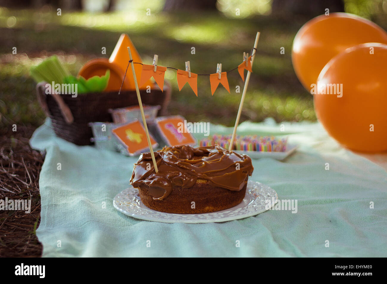 Picknick mit Kuchen, Luftballons und Leckereien Stockfoto