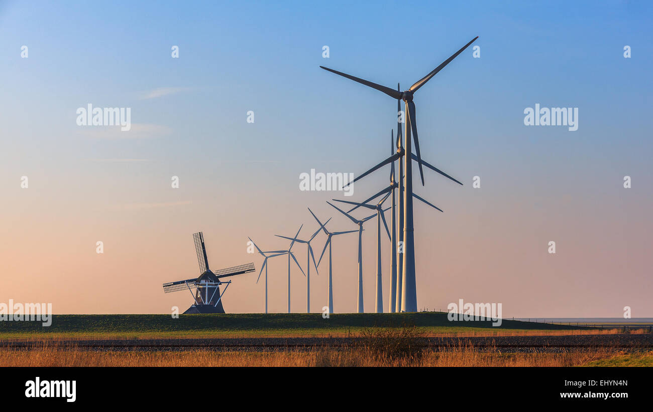 Reihen von Windenergieanlagen und einer alten traditionellen Windmühle, Eemshaven, Groningen, Niederlande Stockfoto