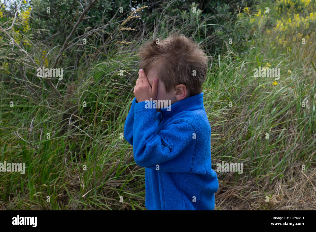 Kind spielt verstecken und suchen in Feld 4 jährigen Jungen Stockfoto
