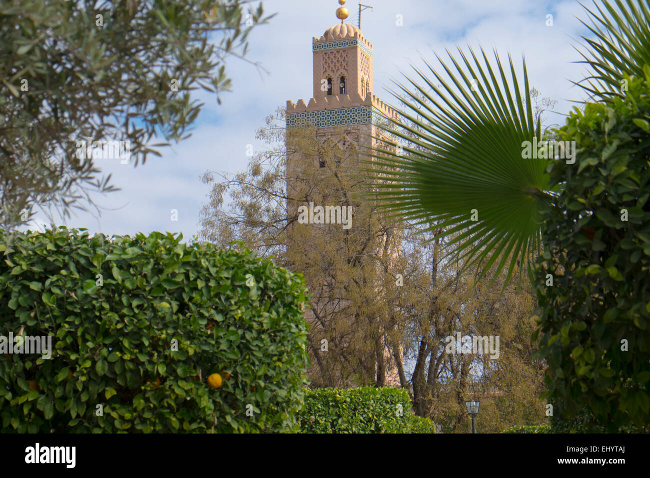 Minarett der Koutoubia-Moschee, Medina, alte Stadt, Marrakesch, Marokko, Nordafrika Stockfoto