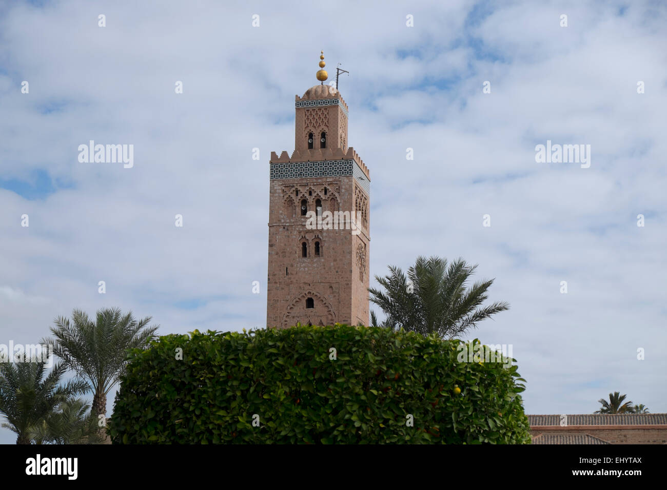 Minarett der Koutoubia-Moschee, Medina, alte Stadt, Marrakesch, Marokko, Nordafrika Stockfoto