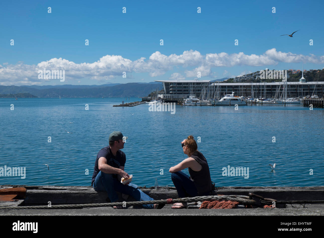 Leute sitzen am Wasser, Lambton Harbour, Wellington, Nordinsel, Neuseeland Stockfoto