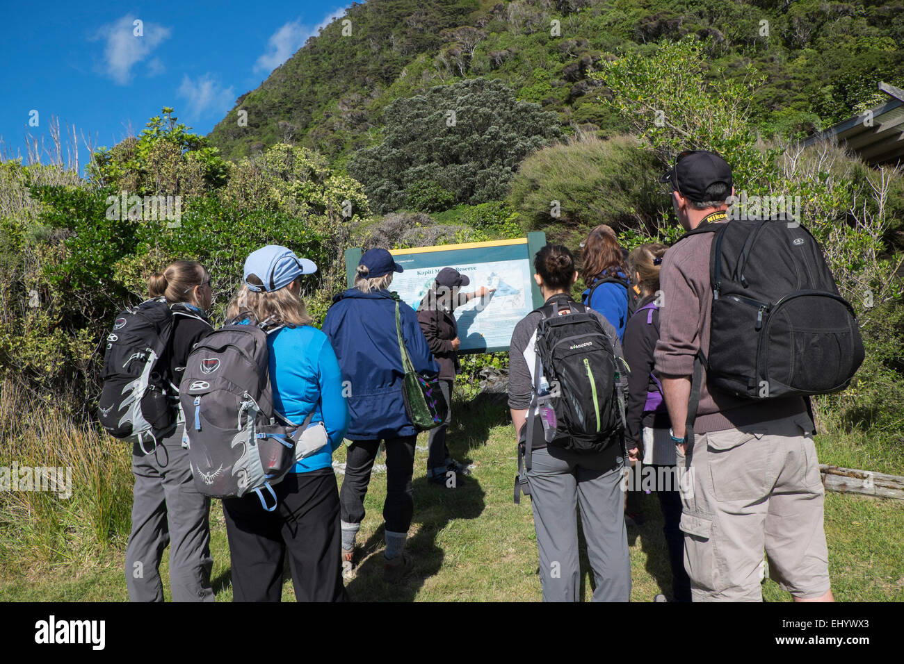 Chefin geben Führung zu Touristen, Kapiti Island, Westküste der Nordinsel, Neuseeland Stockfoto
