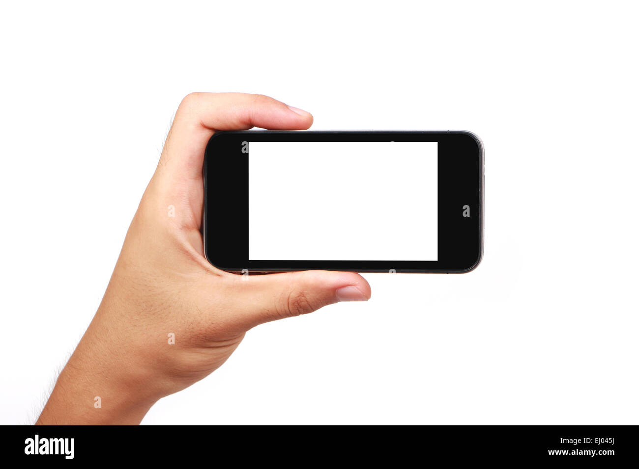 Hand hält Telefon isoliert auf weißem Hintergrund. Stockfoto