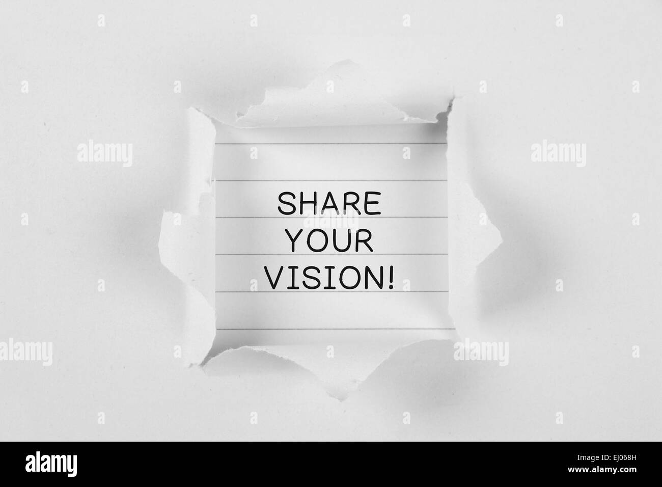 Teilen Sie Ihre Vision auf Briefbögen mit weißen Riss Papier. Stockfoto