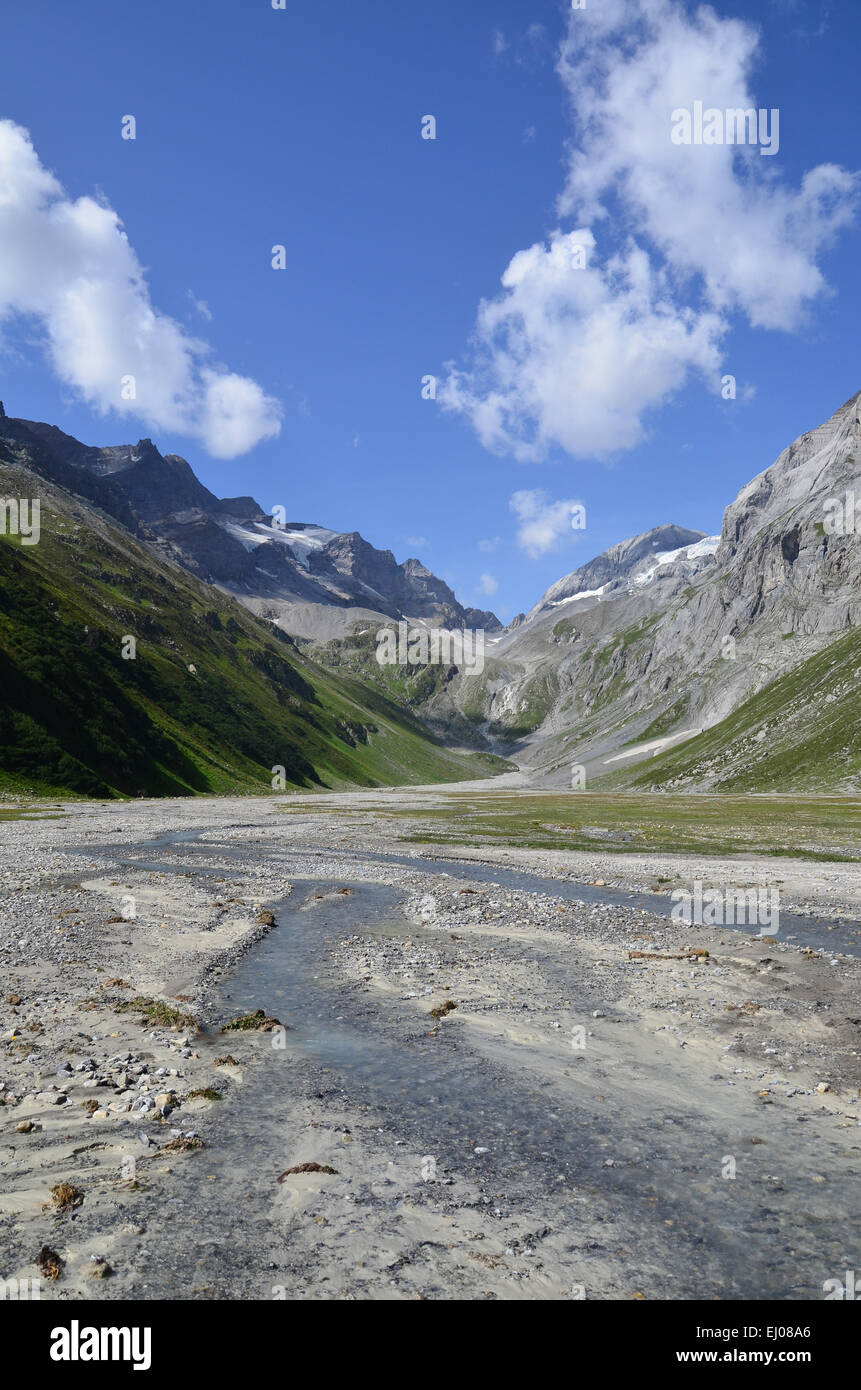 Schweiz, Europa, Graubünden, Graubünden, Breil, Brigels, Val Frisal, Tal, Pan, Flussaue, Brigel Hörner, Flem Stockfoto