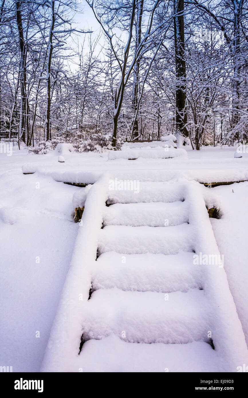 Schneebedeckte Treppe im ländlichen York County, Pennsylvania. Stockfoto