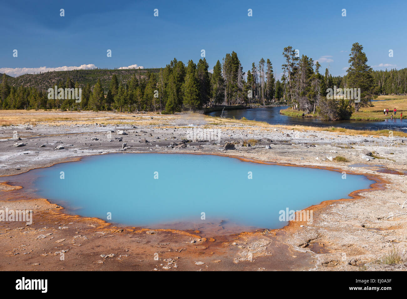 Schwarzer Opal Pool, Keks-Becken in Upper Geyser Basin. Yellowstone-Nationalpark, Wyoming, Vereinigte Staaten von Amerika. Stockfoto