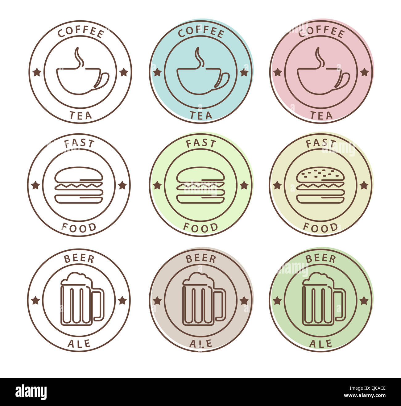 Vektor-Set der Nahrung Symbole im Umriss-Stil, Kaffee, Tee, Bier, Fast-food Stockfoto