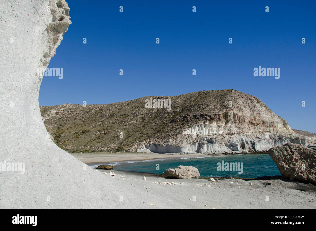 Spanien, Cabo de Gata, Naturschutzgebiet, Almeria, Las Negras, Küste, Bucht, Meer, Mittelmeer Meer, Strand, Meer, Sandstrand, Cala d Stockfoto