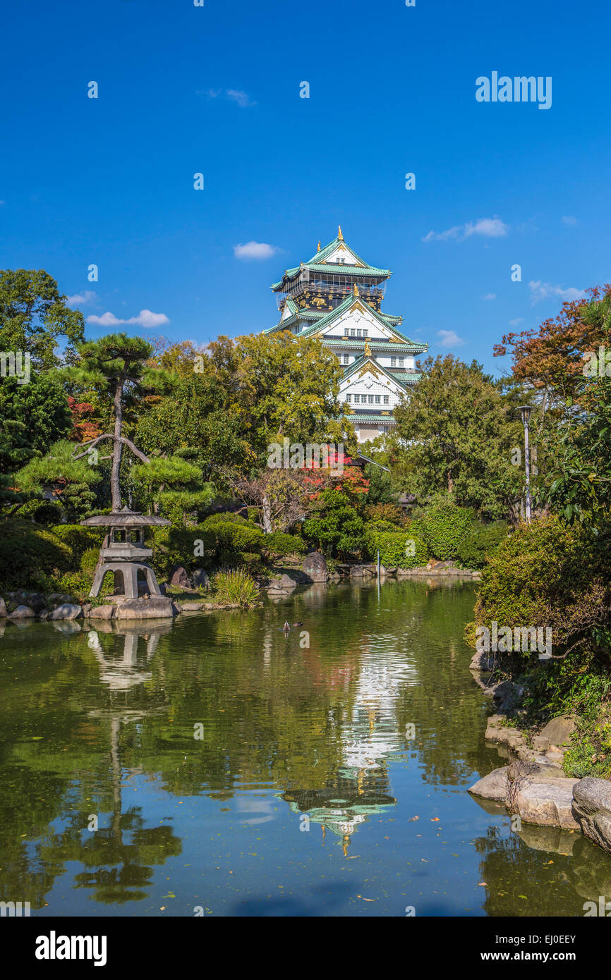 Japan, Asien, Kansai, Landschaft, Osaka, Burg, Architektur, Herbst, bunt, Herbst, Geschichte, Laterne, Menschen, Teich, Reflexion, Stockfoto