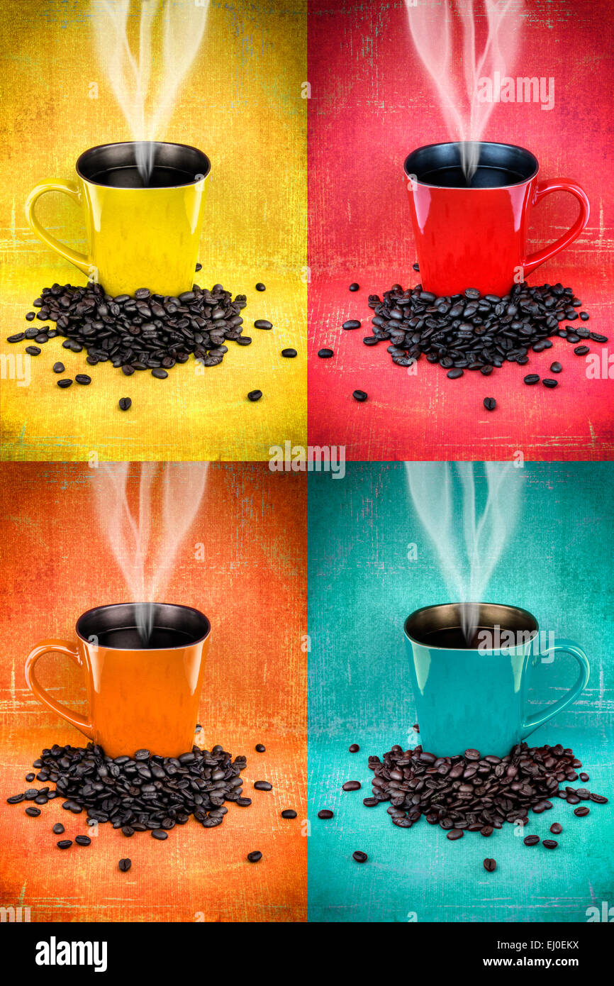 Collage aus bunten Kaffeetassen Hdr und Kaffeebohnen Stockfoto