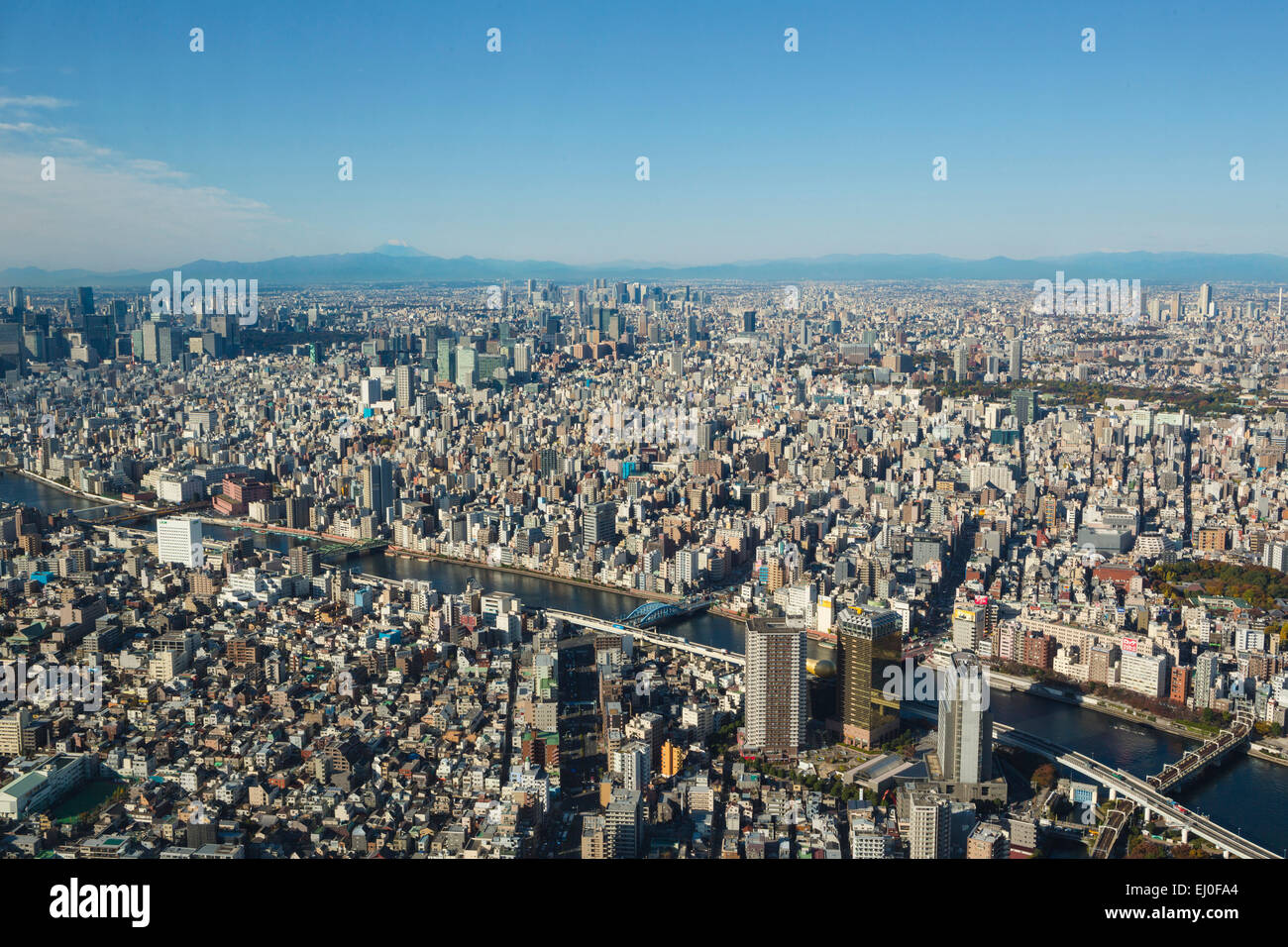 Akihabara, City, Japan, Asien, Kanda, Kanto, Mount Fuji, Tokio, Antenne, Architektur, Fuji, Metropole, keine Menschen, Panorama, Fluss Stockfoto