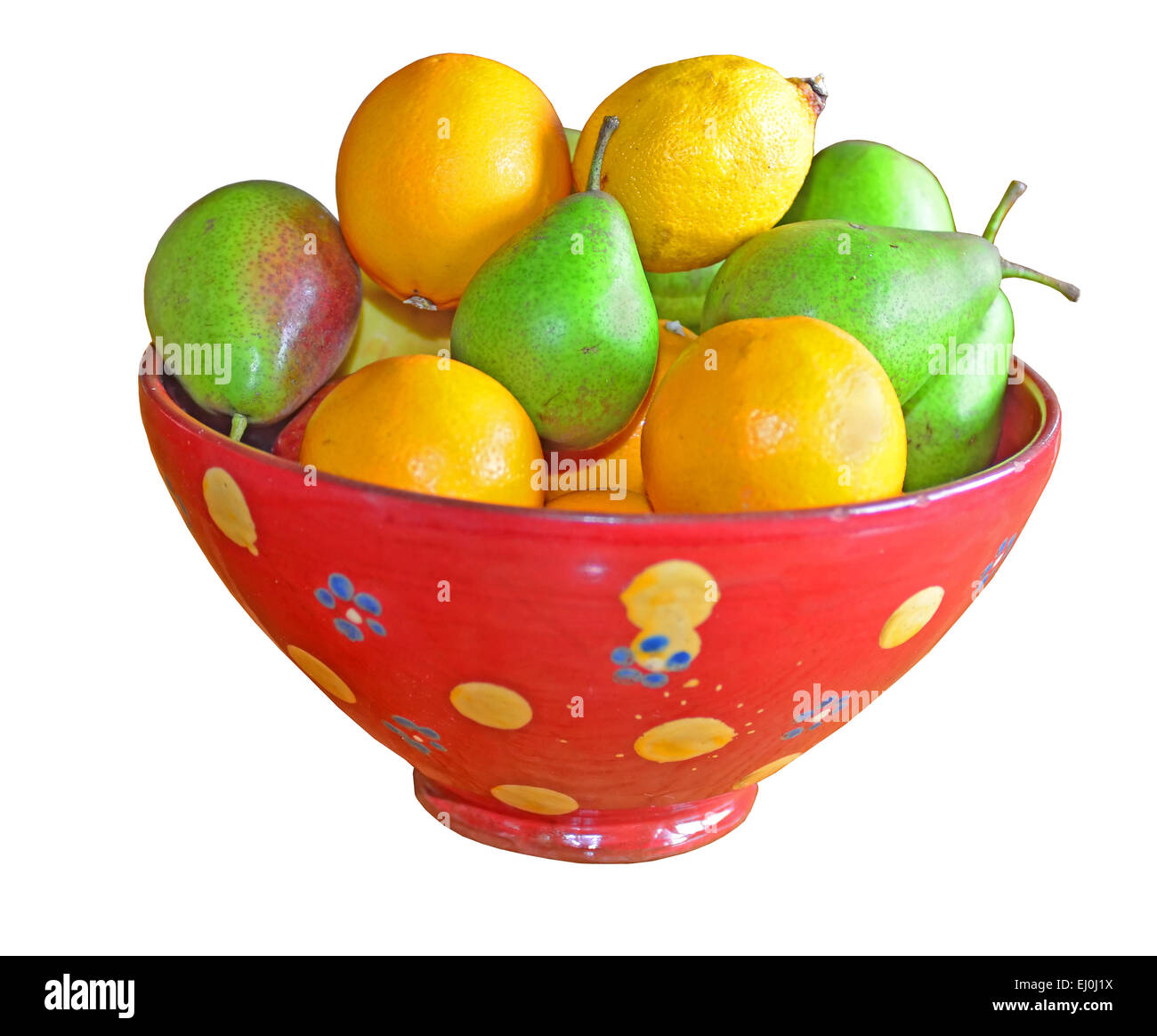 Stillleben mit gemischten Früchten in einer Schüssel auf einen Eichentisch. Isoilated vor einem weißen Hintergrund Stockfoto
