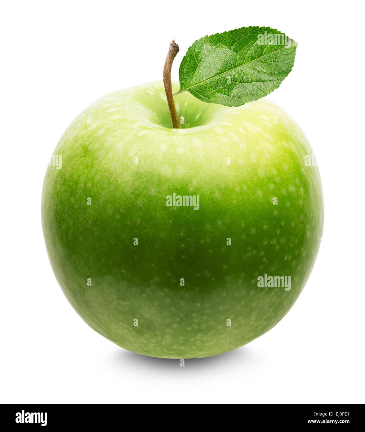 Grüner Apfel mit Blatt auf dem weißen Hintergrund isoliert. Stockfoto