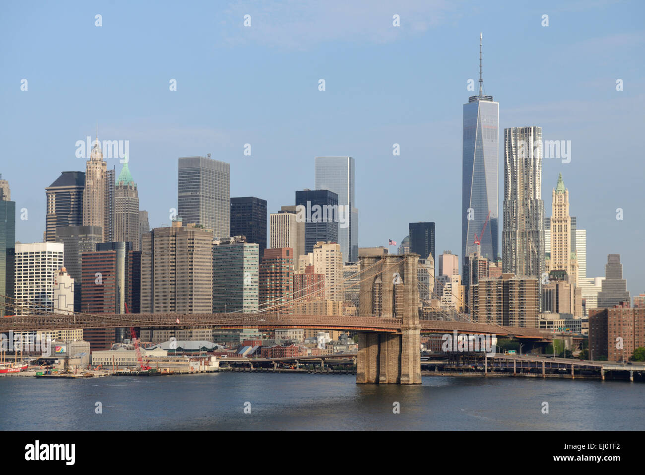 USA, USA, Amerika, America, New York, Stadt, Skyline, East River, Brooklyn Bridge, Brücke, Stockfoto