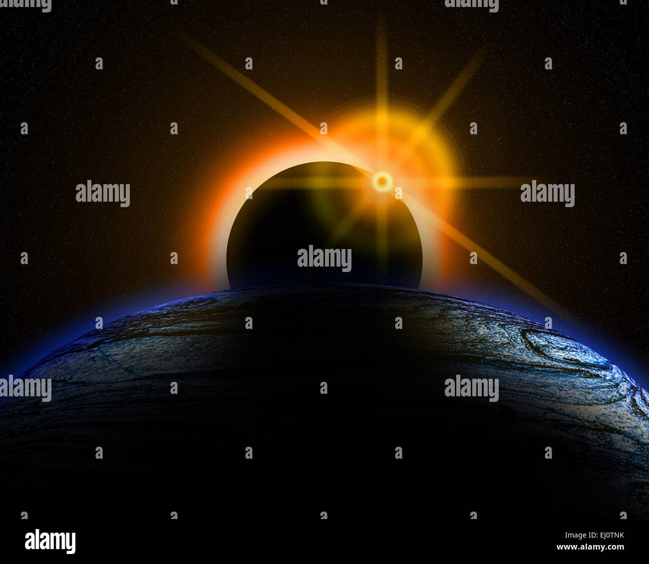 Illustration einer Sonnenfinsternis über eine fremde Sonne. Stockfoto