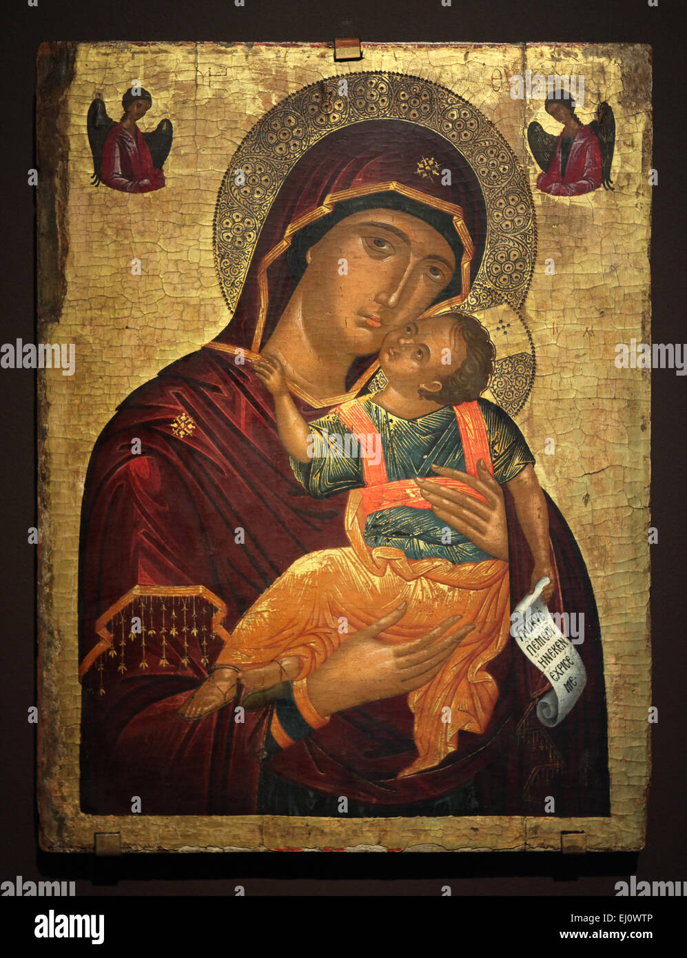 Kretische Ikone der Mutter Gottes Glykophilousa aus um das Jahr 1500 gesehen auf der Messe "Byzantinischen Tradition über die Jahrhunderte hinweg" in der Bildergalerie von Strahov in Prag, Tschechien. Die Ausstellung präsentiert eine exzellente Auswahl an griechischen orthodoxen Ikonen aus den Sammlungen des Archäologischen Instituts von Kondakow (Prag) und das Museum der russischen Ikone (Moskau) läuft bis 13. Mai 2015. Stockfoto