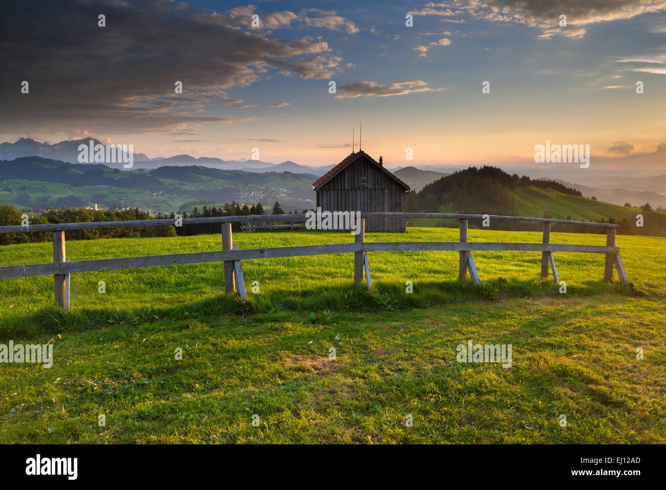 Ansicht, Kai Spitz, Schweiz, Europa, Kanton Appenzell, Ausserrhoden, Aussichtspunkt, Abendlicht, Zaun Stockfoto