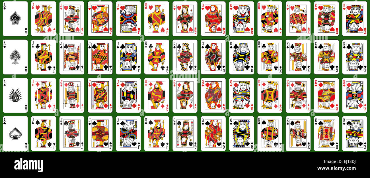 Satz von Spielkarten Figuren und Asse Pik mit vier anderen Stil über einen grünen Hintergrund realisiert Stockfoto