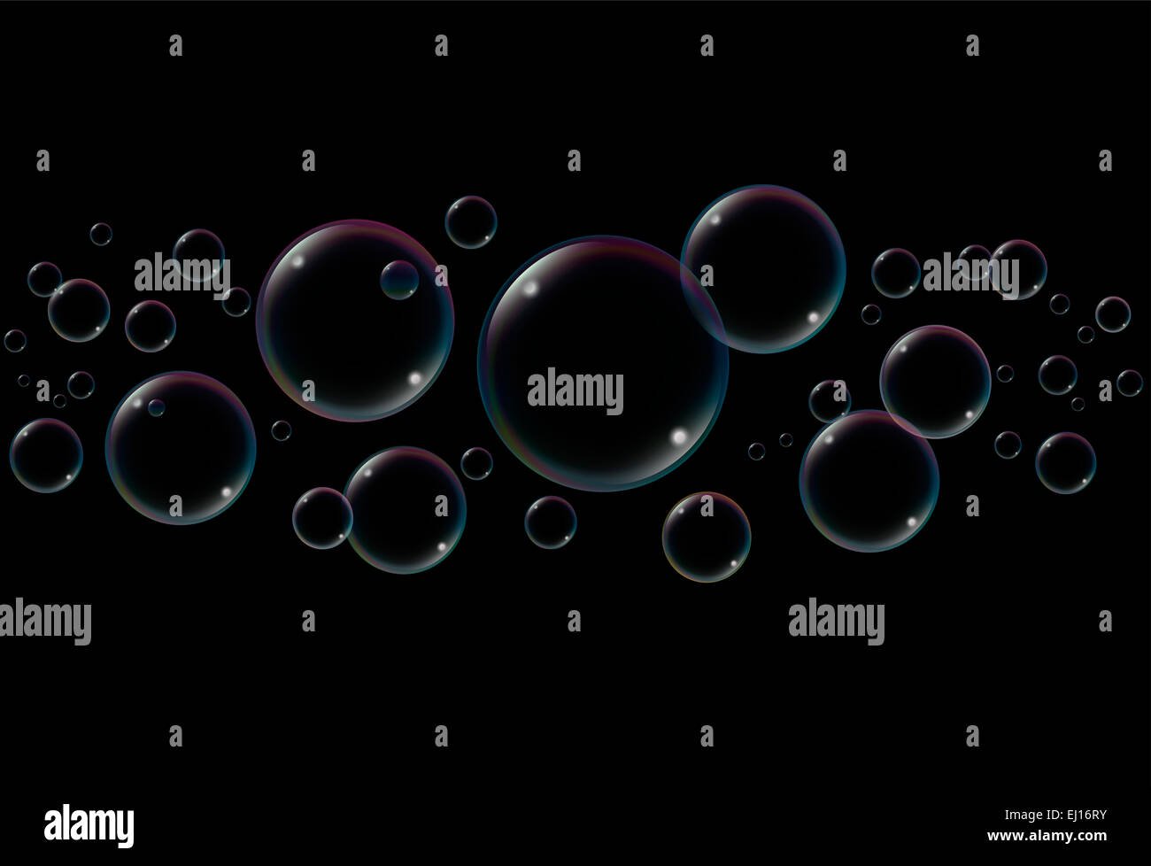 Seifenblasen-Darstellung auf schwarzem Hintergrund. Stockfoto