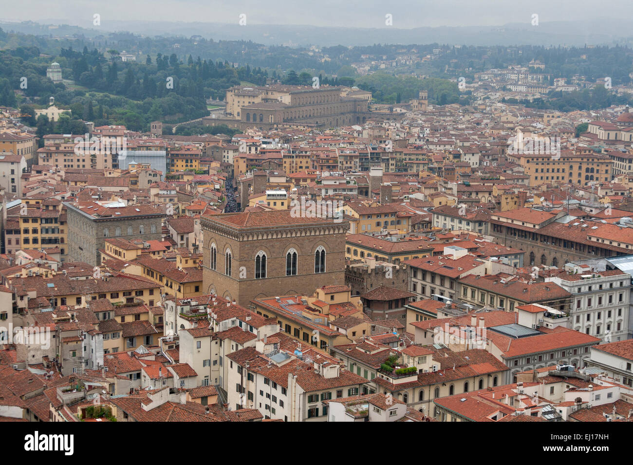 Florenz Stadtbild mit Palazzo Pitti im Nebel. Luftaufnahme. Italien Stockfoto