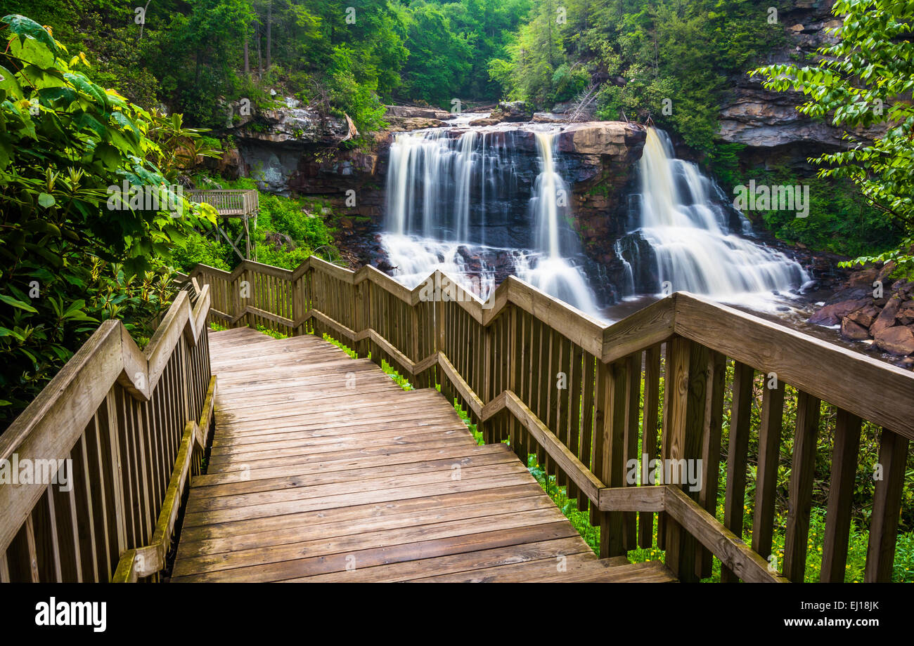 Blackwater Wasserfälle und eine Spur an Blackwater Falls State Park, West Virginia. Stockfoto