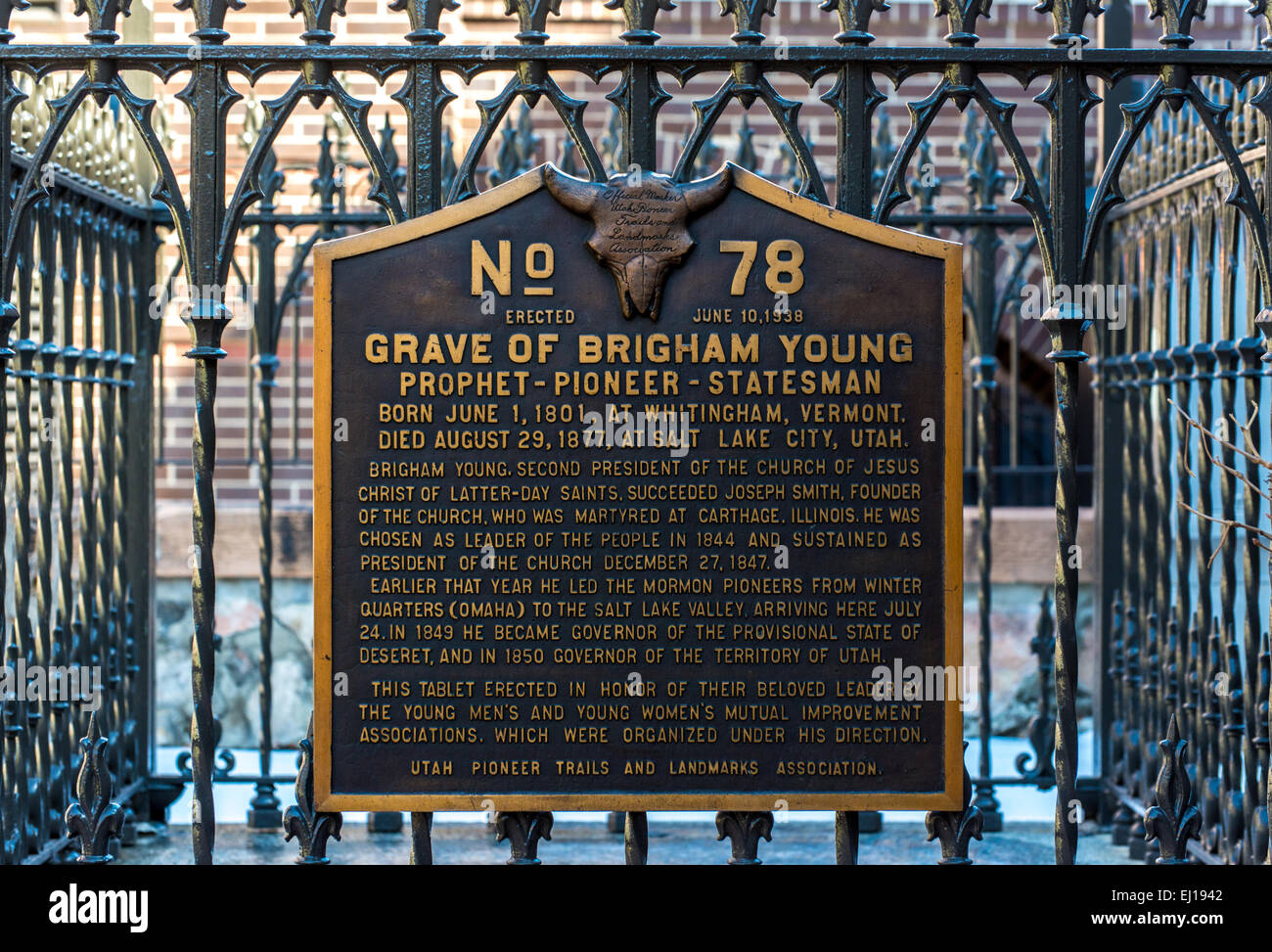 Das Grab Marker von Brigham Young, einer berühmten frühen Führer der Mormonen (LDS) Kirche. Befindet sich in Salt Lake City, Utah Stockfoto