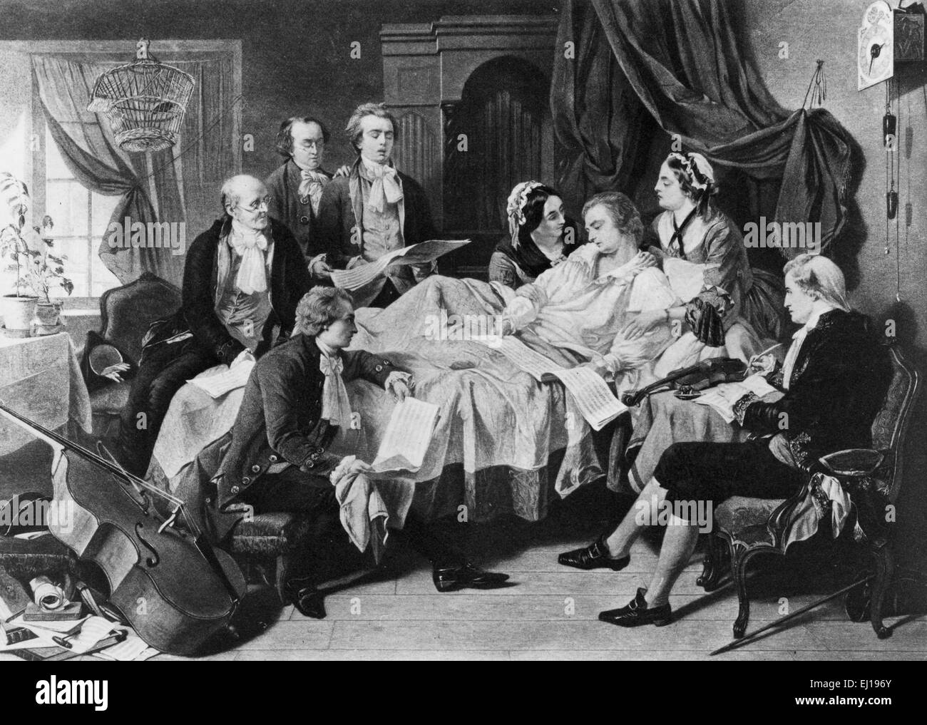 WOLFGANG AMADEUS MOZART (1756-1791) Sterbebett Szene aus einem Gemälde von Henry O'Neil über 1860 Stockfoto