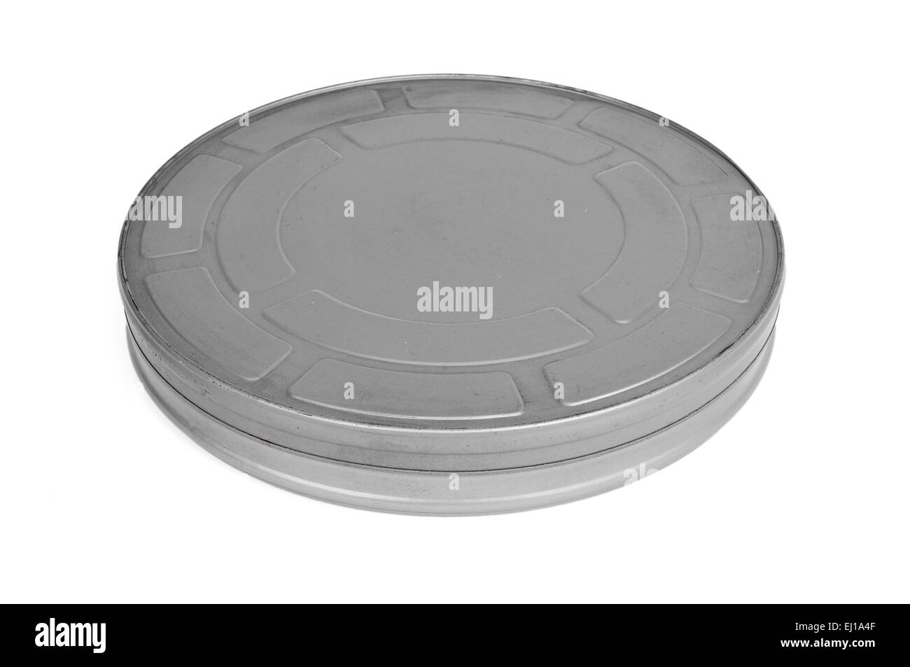 alte Metall Film Reel Filmdose auf weißem Hintergrund Stockfoto