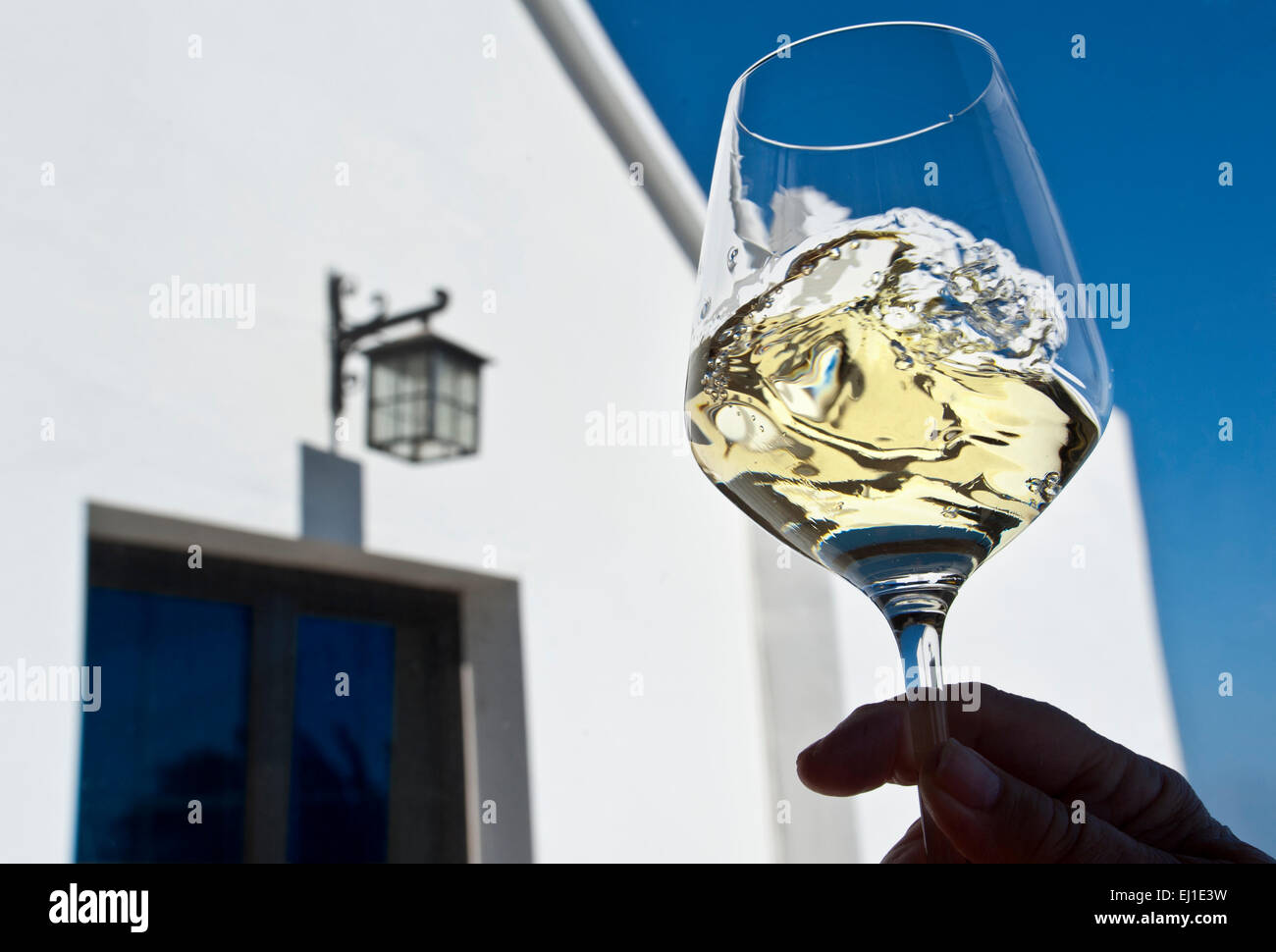 WEINPROBE IM FREIEN, wirbeln und bewerten Sie ein Glas Weißwein im Freien, blauer Himmel, Urlaub, Weingut, Urlaub, sonnige Weinprobe Situation Stockfoto