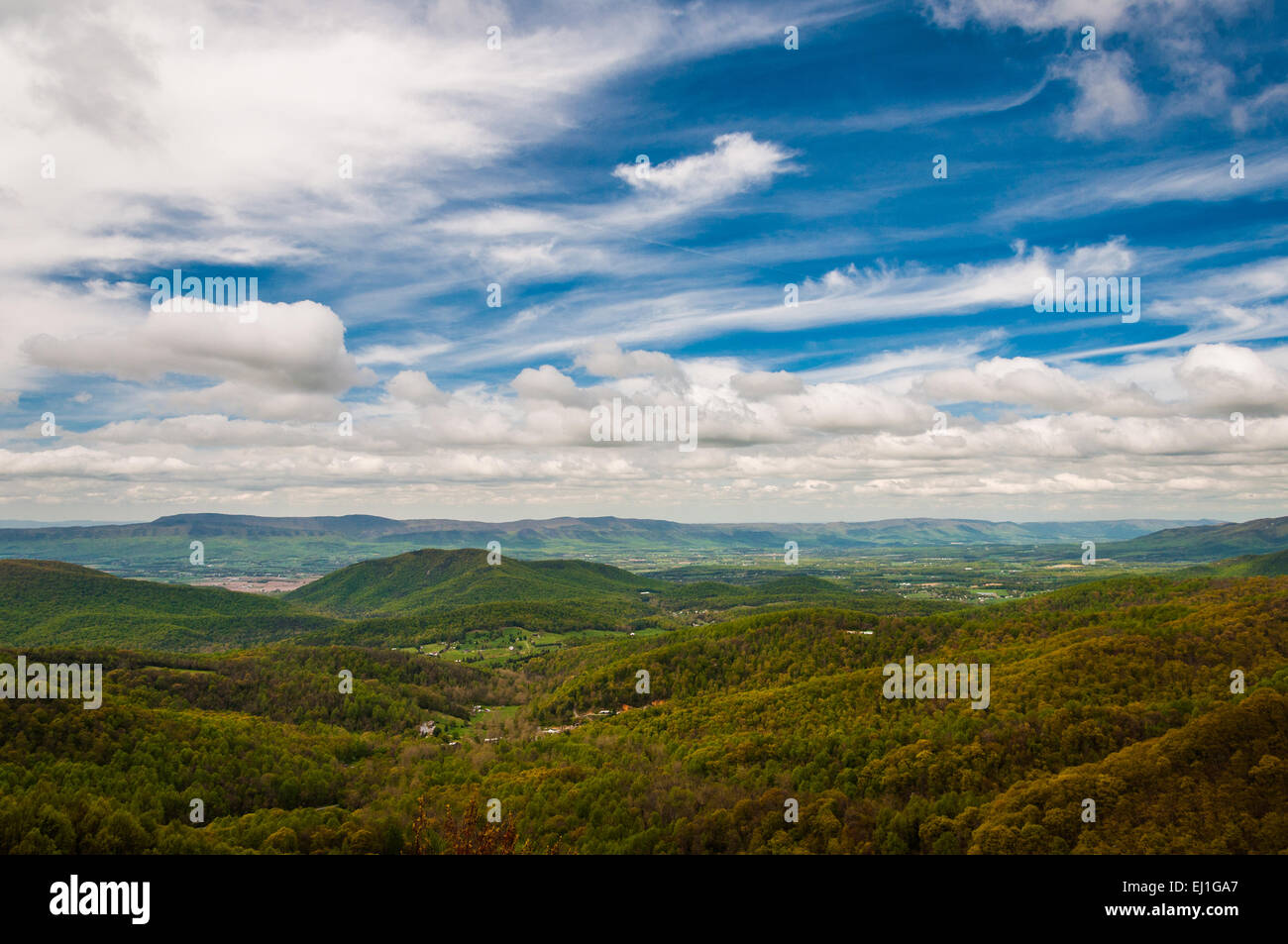 Frühlingsfarben in den Appalachen und Shenandoah Valley, gesehen vom Skyline Drive im Shenandoah-Nationalpark, Virginia. Stockfoto