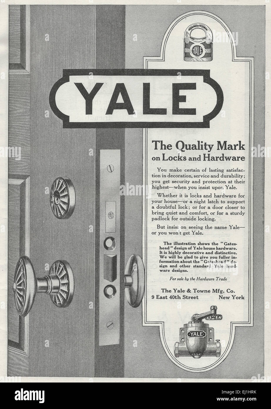 Yale - das Gütezeichen für Schlösser und Beschläge - Werbung 1916 Stockfoto