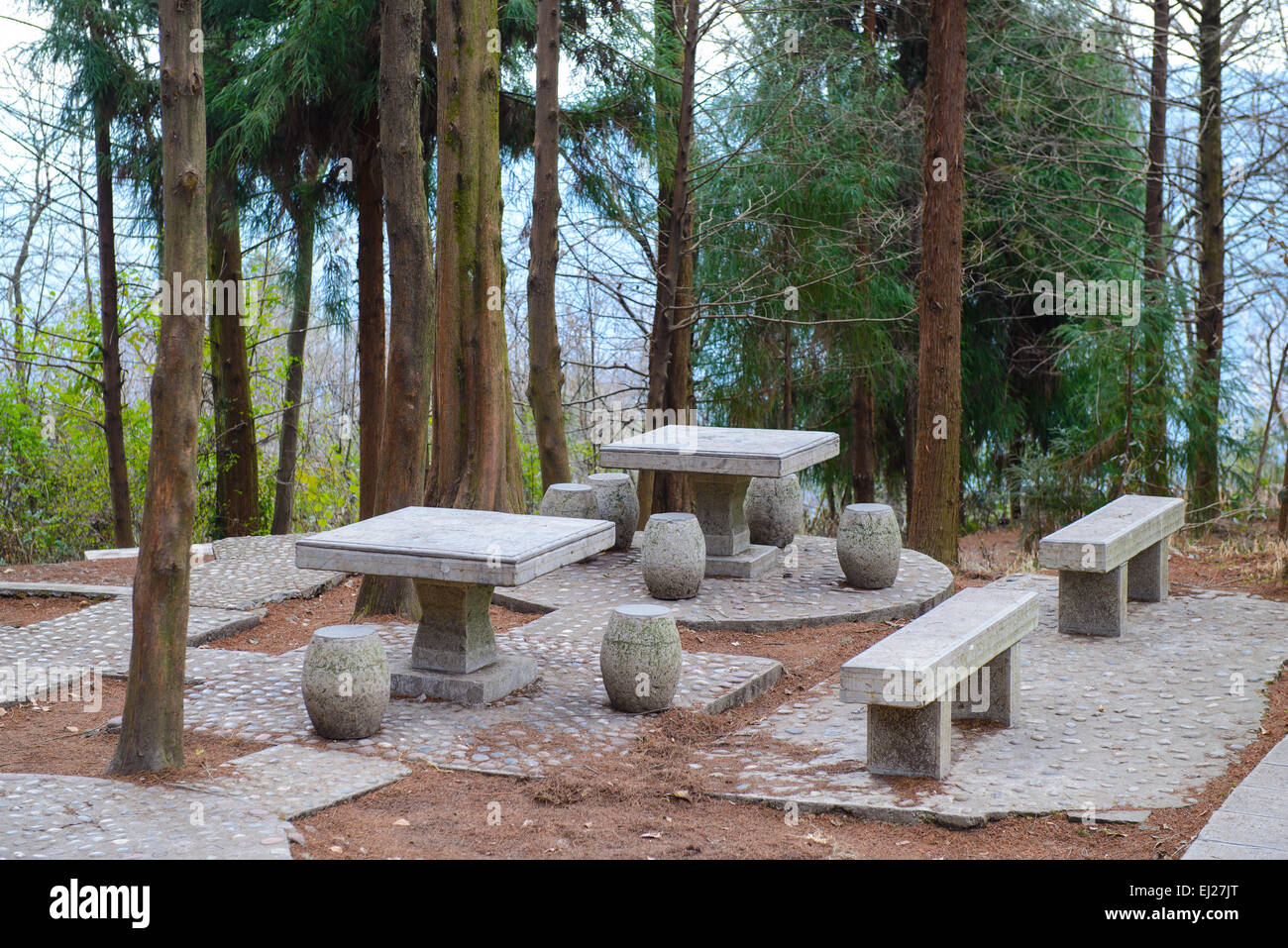 Picknick Steintische und Bänke Stockfoto