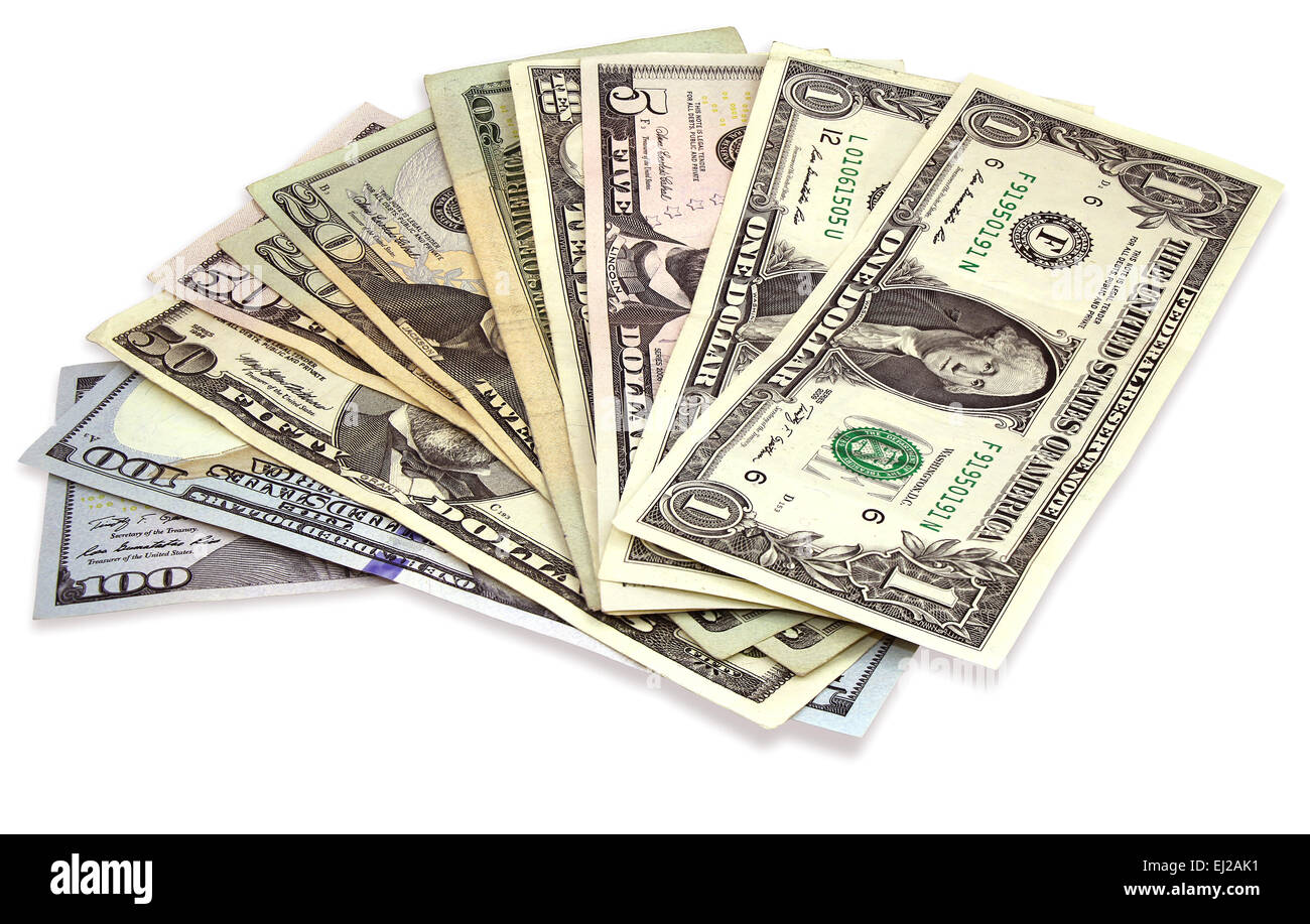 Viele US-Dollar-Banknoten isoliert auf weißem Hintergrund Stockfoto