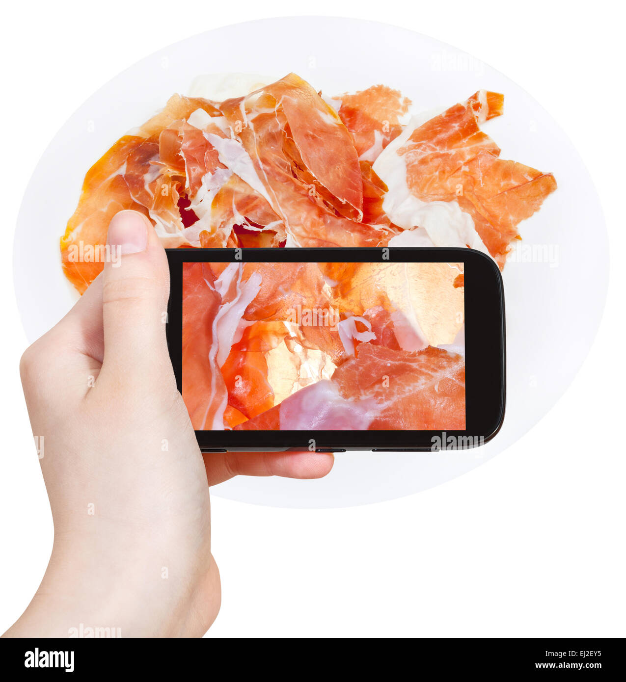 Fotografieren Essenskonzept - Tourist nimmt Bild italienischer geschnitten Schinken Prosciutto di Parma auf Smartphone, Italien Stockfoto