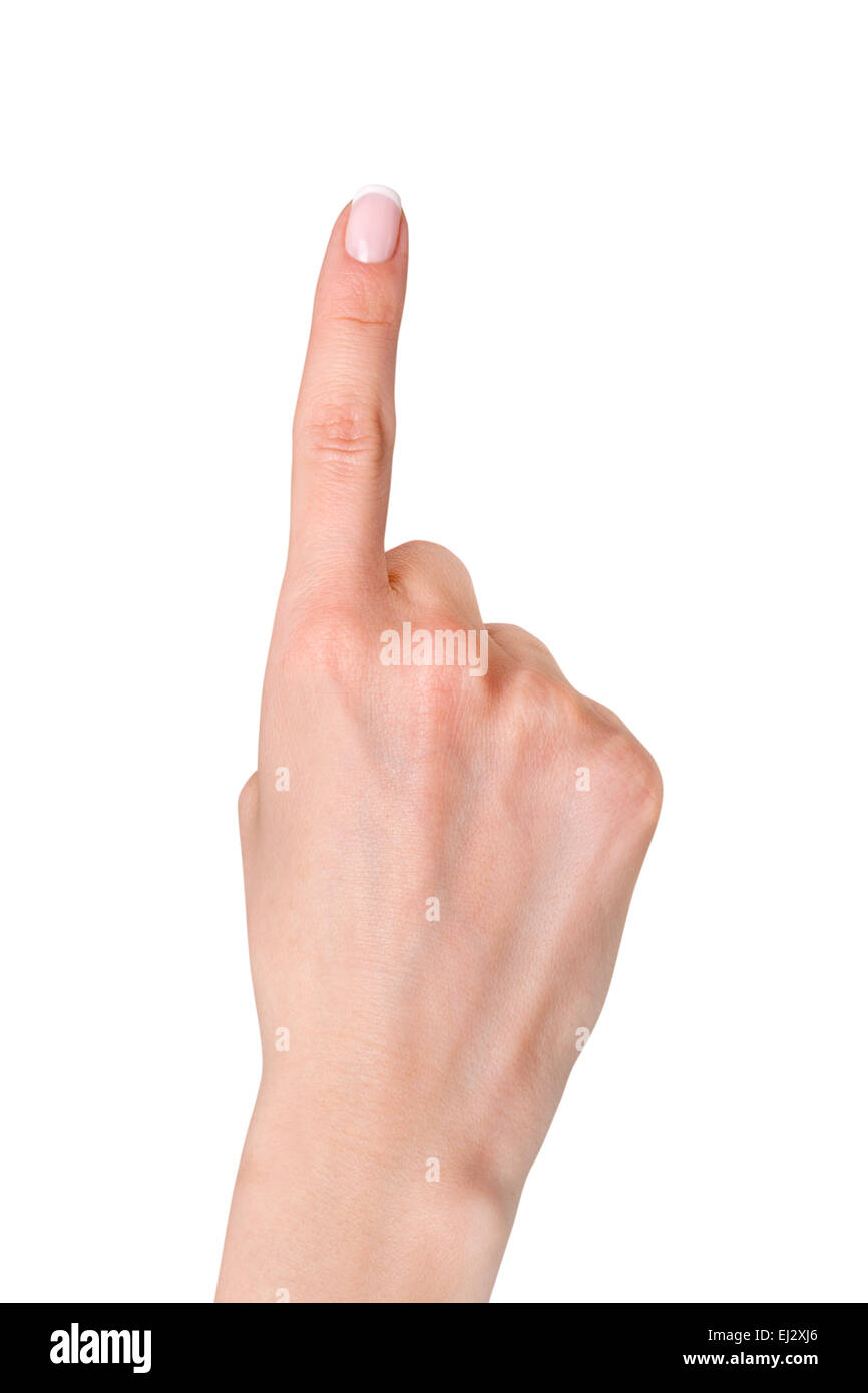 weibliche Hand Zeigefinger nach oben isoliert auf weiss Stockfoto