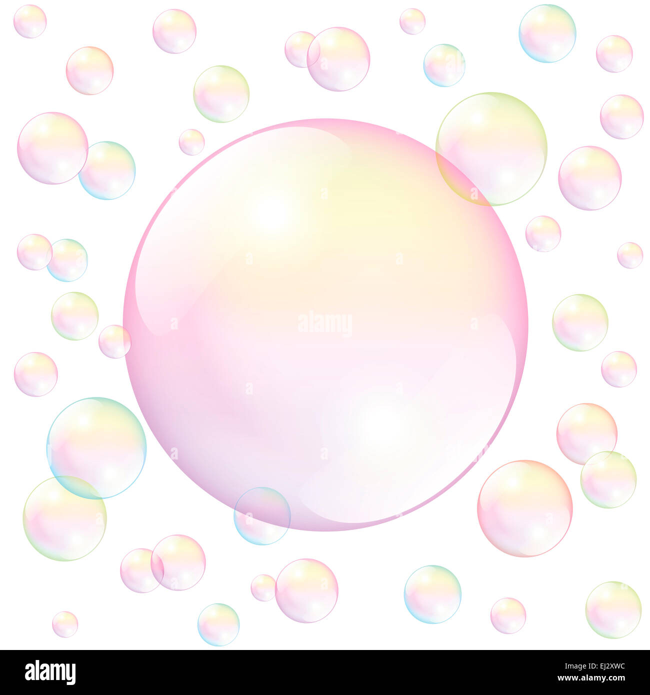 Große rosa Seifenblase umgeben von kleinen Seifenblasen - Text oder Bild ausfüllen. Stockfoto