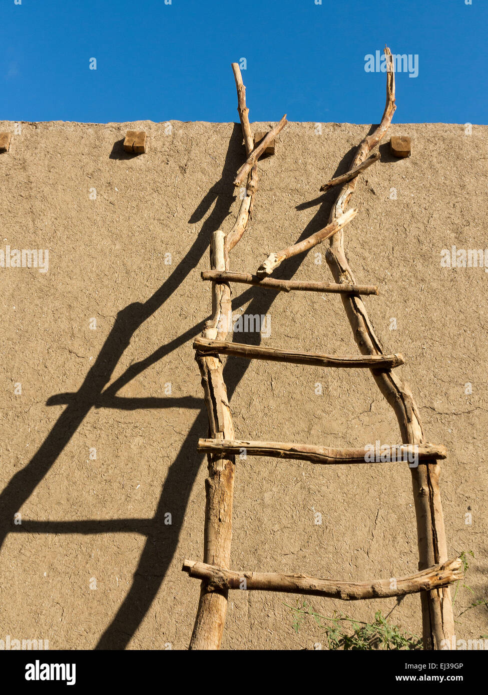 Nahaufnahme von einer Fläche von Schlamm Schlamm-Mauer, mit einer Leiter aus Zweigen dagegen Ägypten Afrika aus gerendert Stockfoto