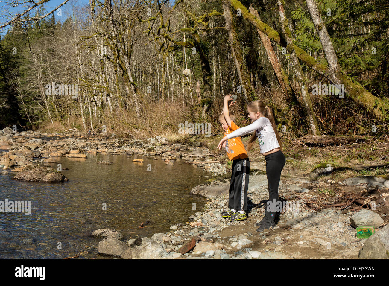 Neun Jahre altes Mädchen und sieben Jahre alten Jungen werfen von Steinen in den Snoqualmie River in der Nähe von North Bend, Washington, USA Stockfoto