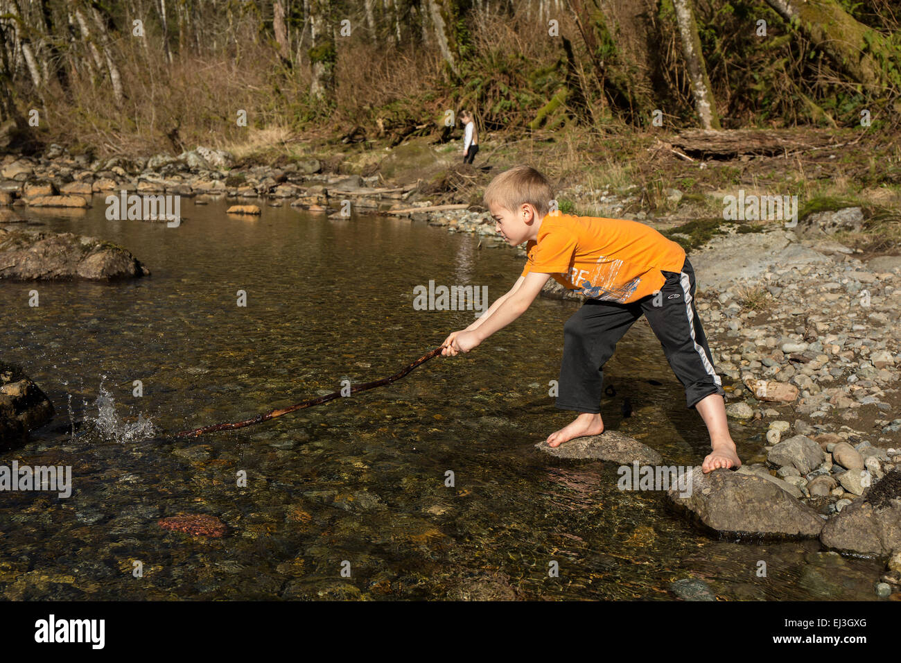 Sieben Jahre alter Junge spielt mit einem Stock in der flachen Snoqualmie River in der Nähe von North Bend, Washington, USA Stockfoto