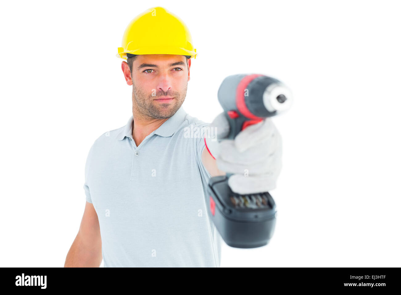 Handwerker mit Bohrmaschine Stockfoto