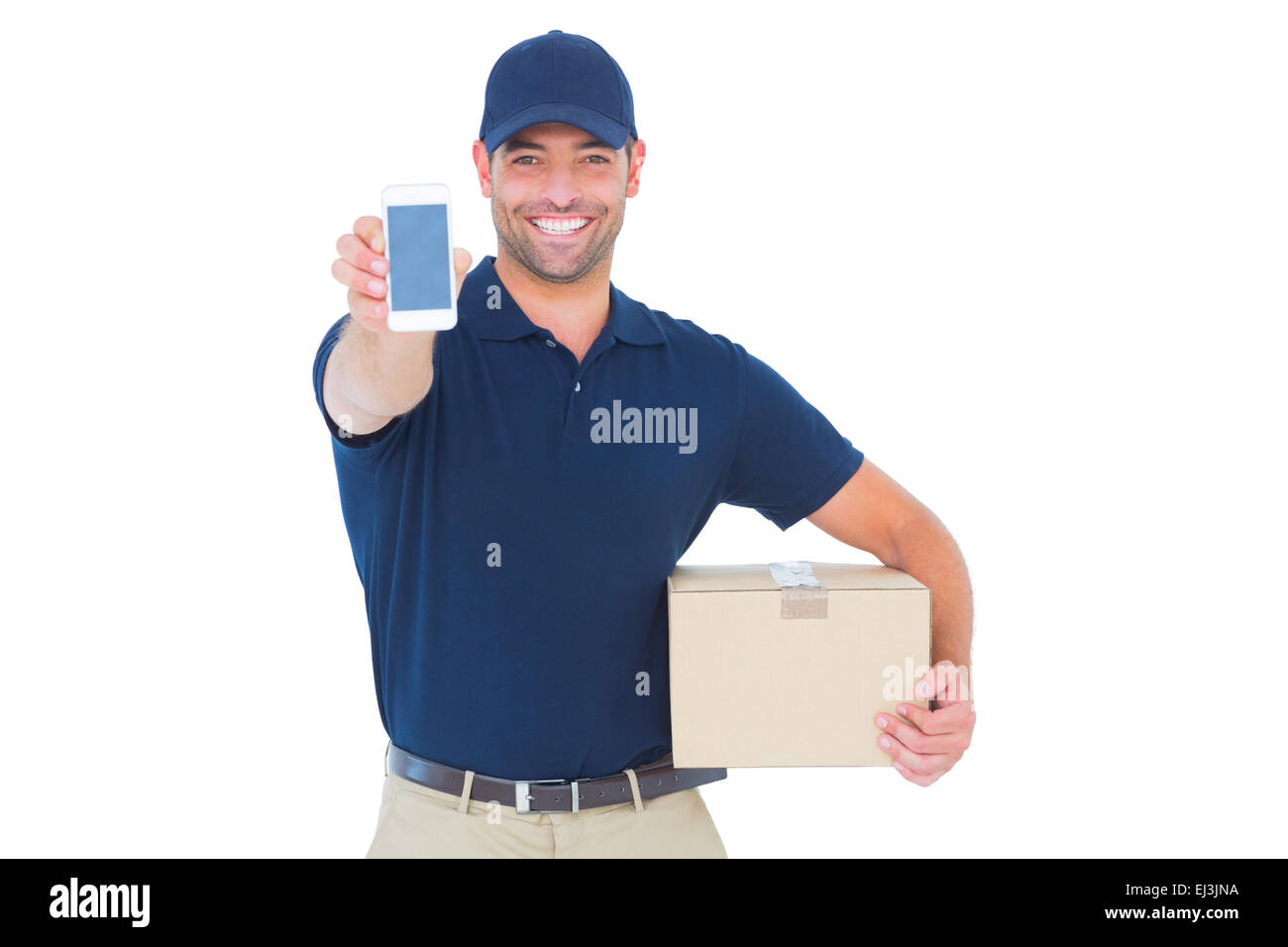 Gut aussehend Lieferung Mann mit Handy Stockfoto