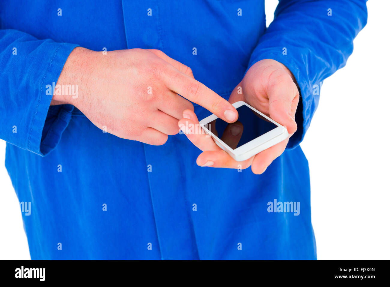 Mechaniker mit seinem Mobiltelefon Stockfoto
