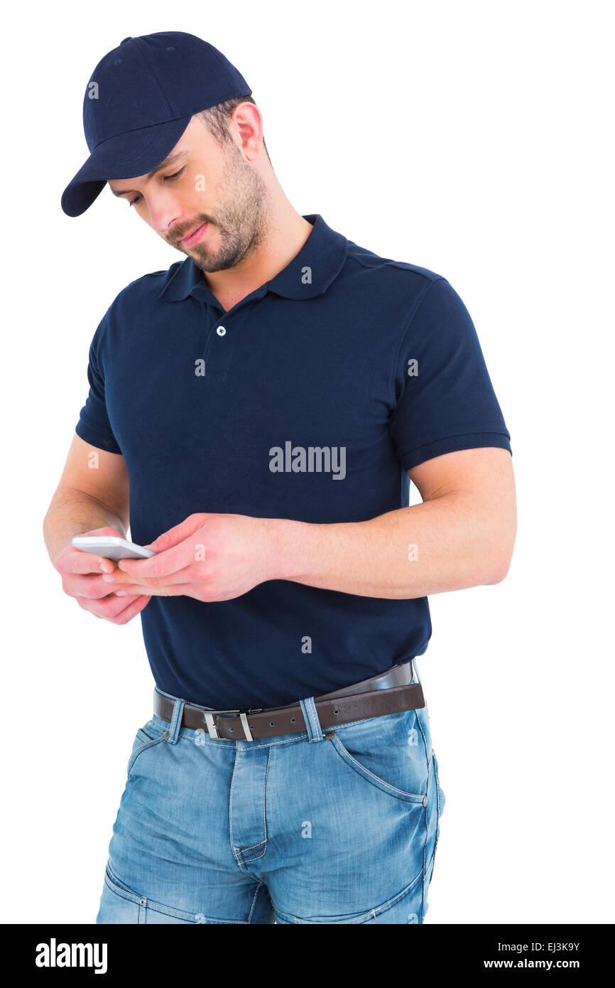Lieferung Mann mit Handy Stockfoto