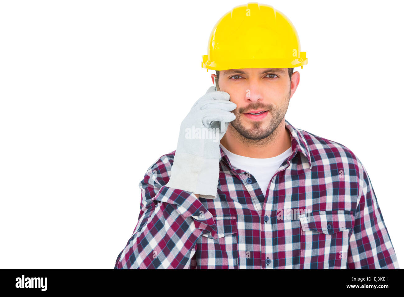 Mechaniker telefonieren mit Handy Stockfoto