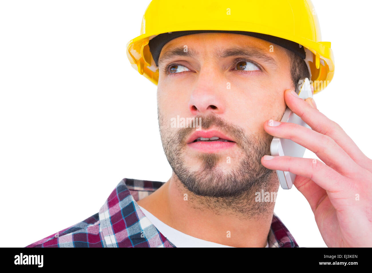 Mechaniker auf dem Handy Stockfoto