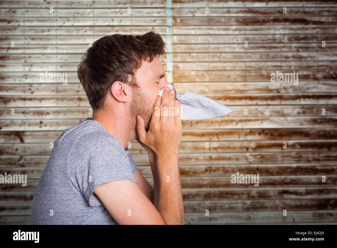 Zusammengesetztes Bild Nahaufnahme Seitenansicht des Mannes Nase weht Stockfoto
