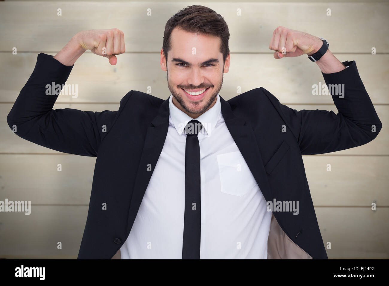 Zusammengesetztes Bild des glücklichen Geschäftsmann im Anzug jubeln Stockfoto